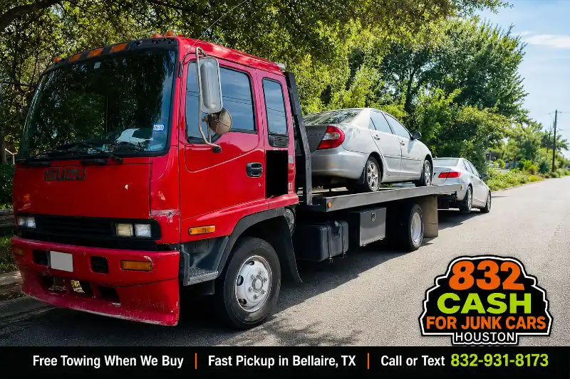 Tow truck collecting two unwanted vehicles in Bellaire, TX